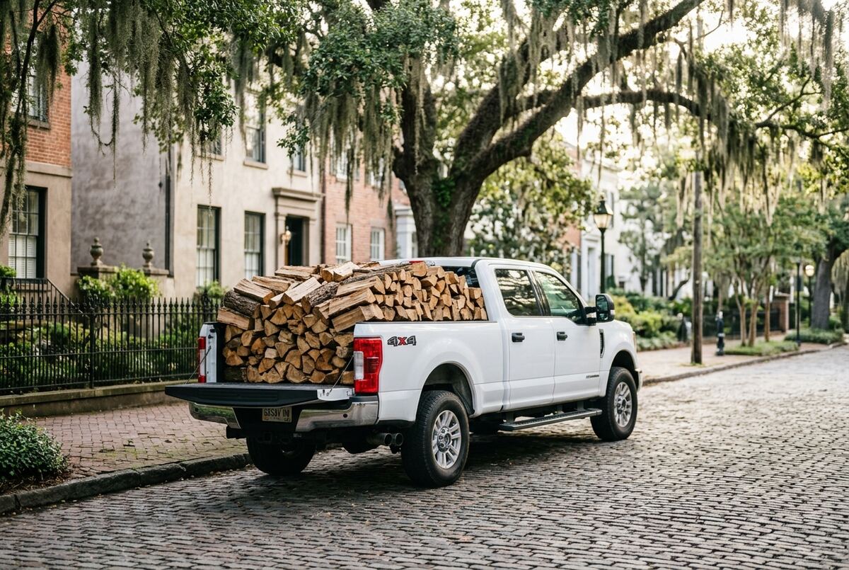 Pickup truck loaded with split firewood on a brick street in the Savannah historic district