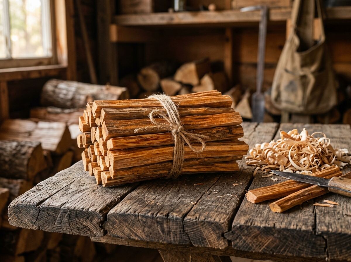 A bundle of dry split kindling tied with twine