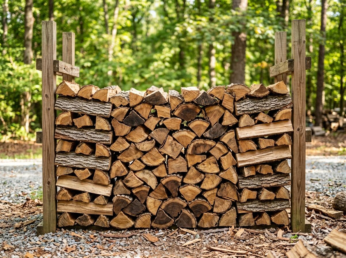 A neat face cord of mixed hardwood firewood stacked in a wood yard