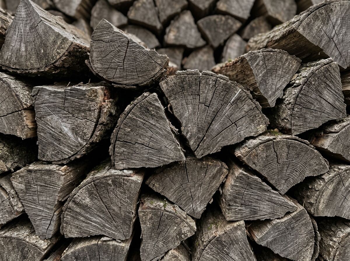 Close-up of seasoned split oak firewood with checked end grain